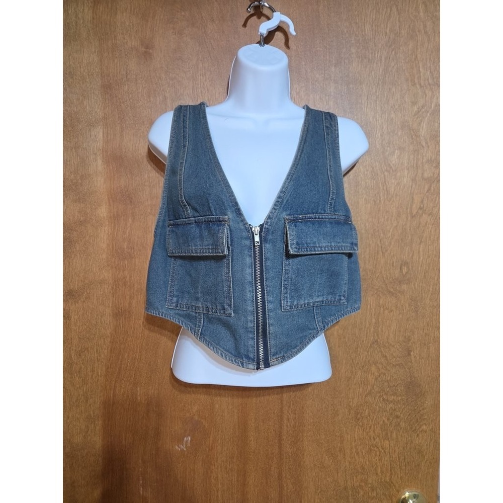BBJ Los Angeles Womens Large Blue Denim Zip Front Cropped Corset Vest Utility L